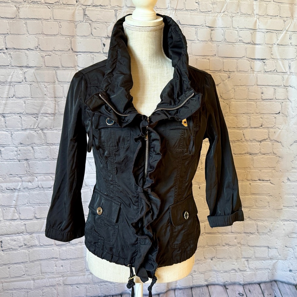 WHBM Jacket Black Ruffled Silver Buttons 3/4 Sleeve S  4